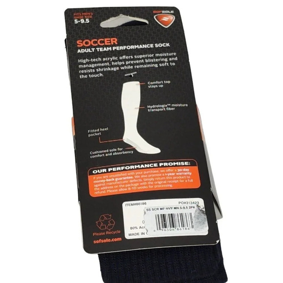 SofSole 2 Pair Pack Soccer Performance Socks Blue Men Size M Shoe Size 5-9.5 - Picture 3 of 4